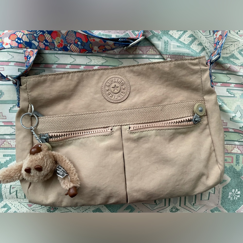 Kipling Tan Crossbody Bag with Patterned Strap